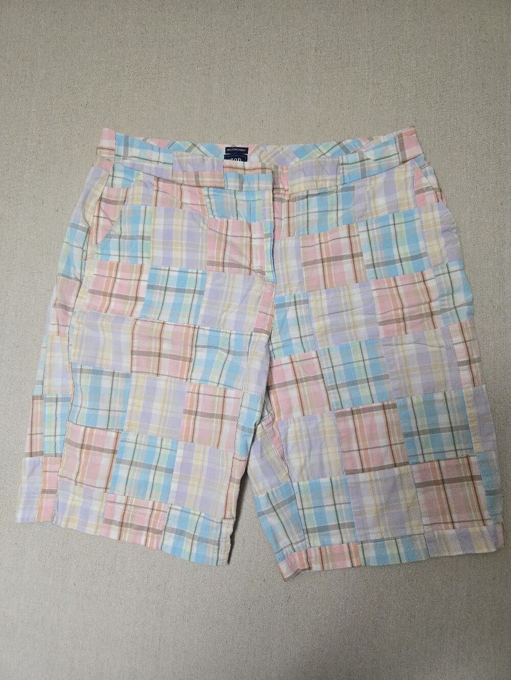 Izod Pastel Plaid Patchwork Shorts in Pink Blue Yellow Cream Madras Summer Yacht